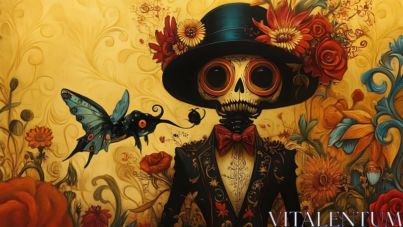 Whimsical skeleton in floral suit greeting a bright blue moth.