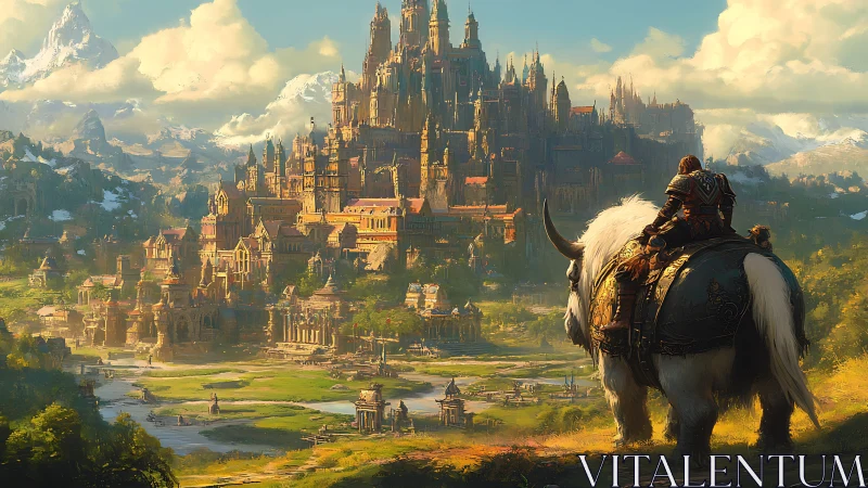 Armored rider on horned beast approaches vast mountain citadel