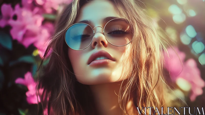 Young person in sunglasses amid blurred pink foliage.