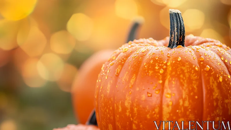 Dew-kissed pumpkin glows against warm autumn bokeh background.