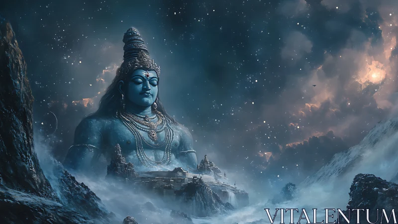Colossal icy deity integrated with astral Himalayan skyline.