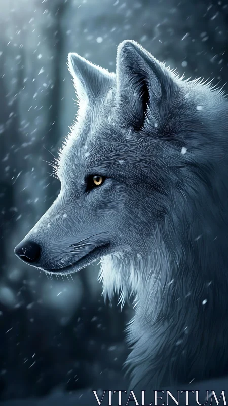 White wolf side profile in softly falling winter snow.