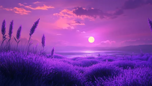 Purple coastal meadow under vivid sunset sky glows brightly