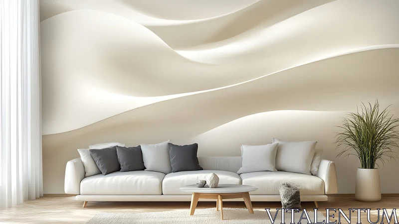 Serene white living room showcases sculpted wave wall art