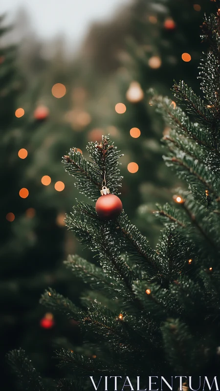 Red ornament on evergreen Christmas tree branch outdoors.