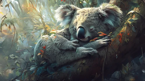 Sleeping koala resting on tree branch in dense forest.