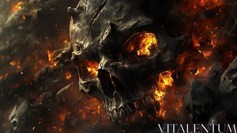 Molten infernal skull emerging from burning volcanic rock.