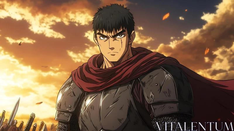 Scarred warrior stands in crimson cloak at burning dusk.