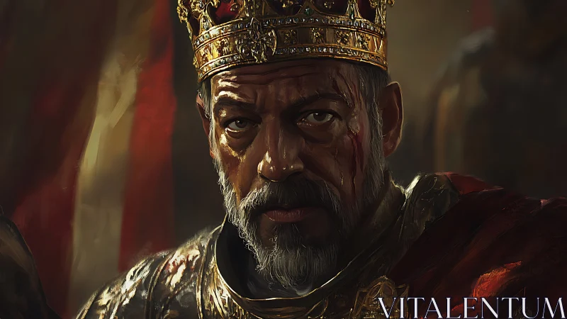 Battle-scarred medieval king stares forward in dim light