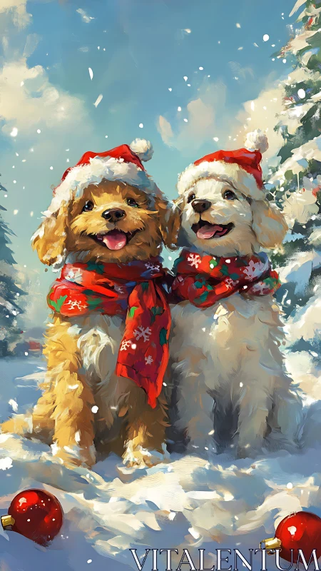 Snowfluff carol pups in Santa caps share frosty giggles.