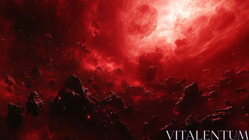 Crimson cosmic storm swirling around a distant lonely world.