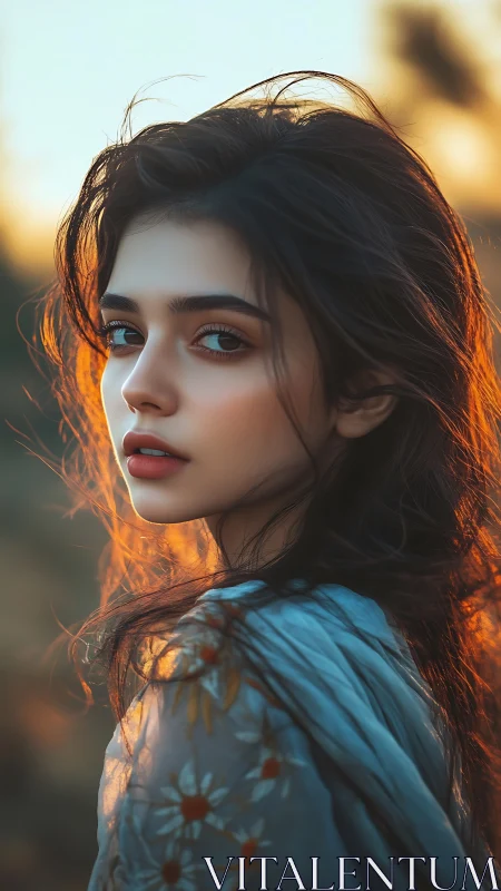 Young woman in side profile with backlit hair outdoors.