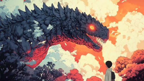 Giant reptilian creature confronts lone figure under orange sky