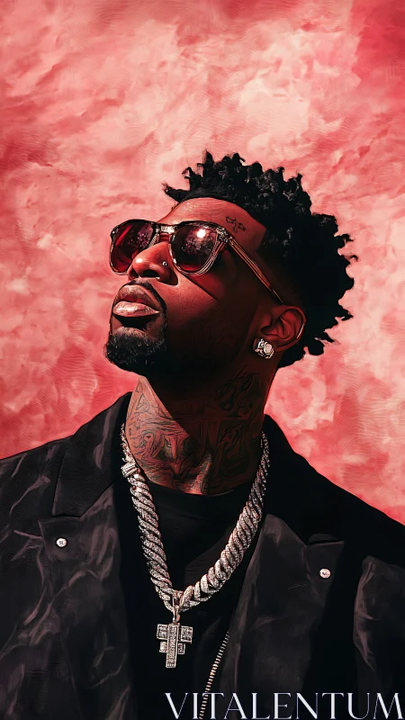 Portrait shows male subject with jewelry against red backdrop