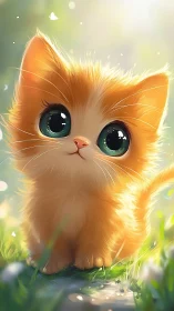 Golden Kitten Commands Spring Meadow with Luminous Eyes