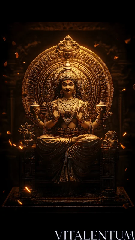 Photorealistic gilded deity sculpture with dramatic rim lighting.