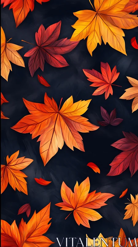 Autumn maple leaves in warm tones on dark background.