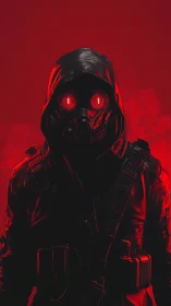 Hooded gas mask operative stands in crimson tactical haze.
