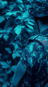 Soldier in digital camouflage uniform near dense foliage.