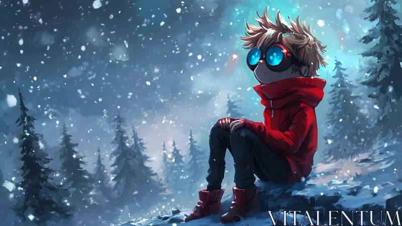 Snowfield observer with oversized chromatic goggles, seated.