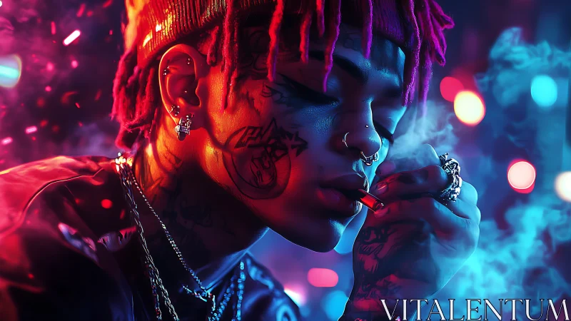 Neon side-lit portrait captures tattooed smoker in bokeh haze