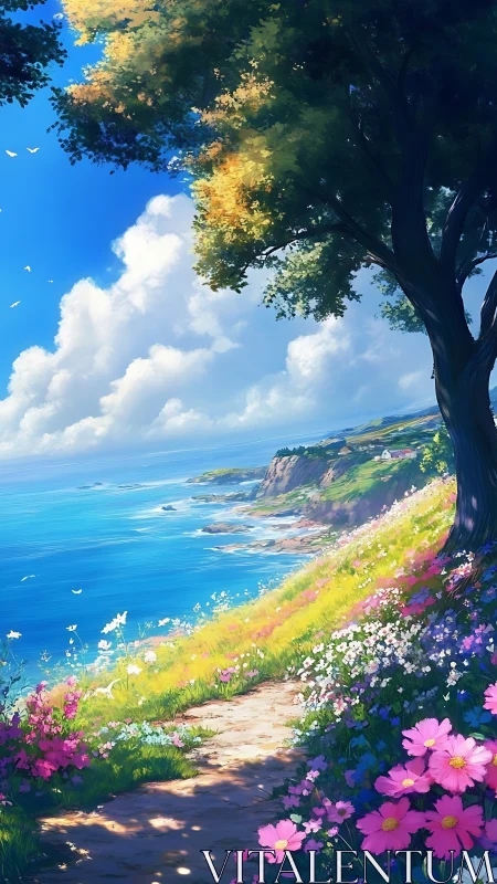 Sunlit coastal path curves through wildflower meadow above sea