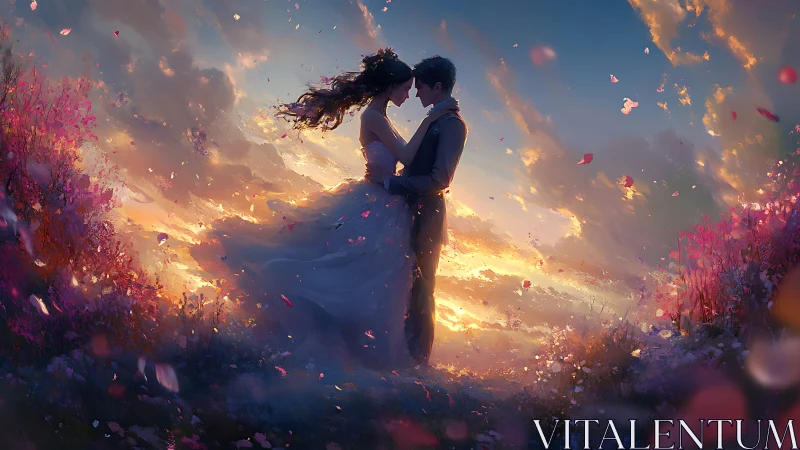 Lovers Embracing in Golden Sunset Light.