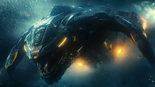 Alien warship dives through storm with burning thrusters.