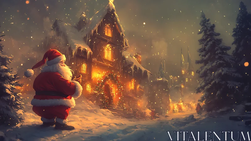 Santa Claus observes a warmly lit snowy village street at dusk