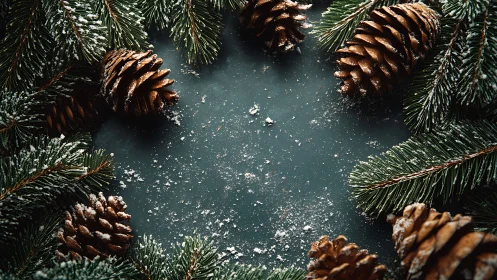Circular pine branches and cones with snow dust on dark surface