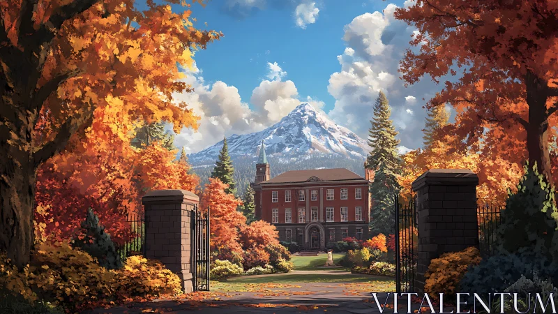 Autumn gates unveil a mountain academy in flaming color.