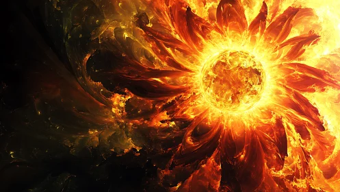 Solar blossom erupts from darkness and scatters molten petals
