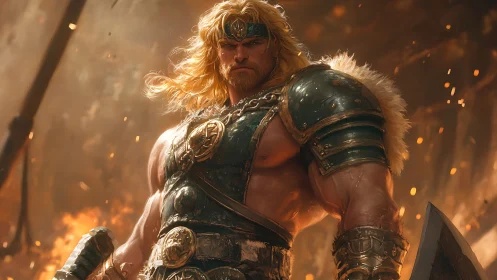 Battle-scarred barbarian warrior in molten ember backlight.