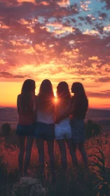 Friends stand in warm sunset glow over wild meadow field.
