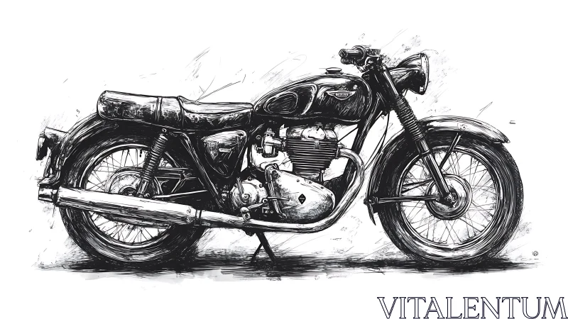Technical ink rendering shows vintage parallel-twin motorcycle side profile