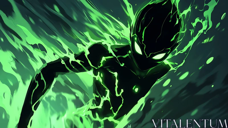 Luminescent humanoid silhouette accelerates through toxic plasma