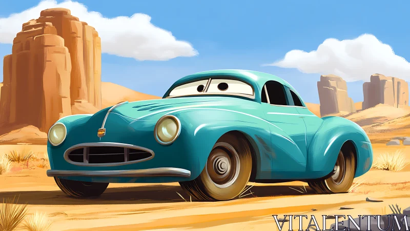 Cheerful teal cartoon car enjoys a sunny desert cruise