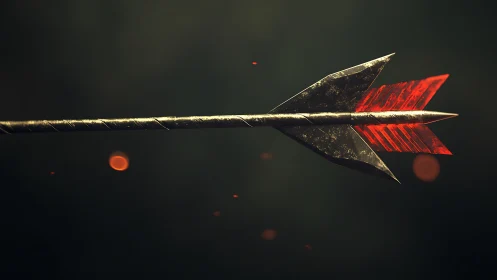 Metal arrow with red fletching is rendered in side profile