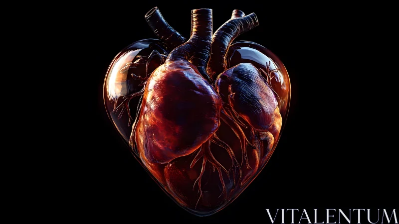 Realistic human heart in glass shape, dark digital art style.
