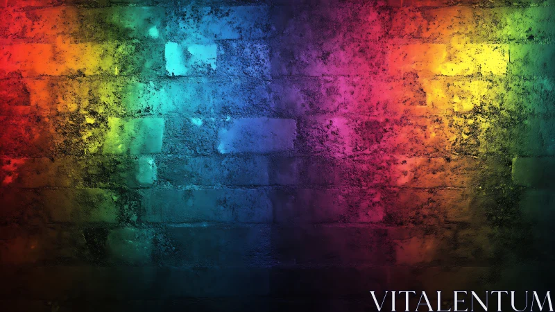 Rainbow-lit brick wall glowing with textured urban charm.