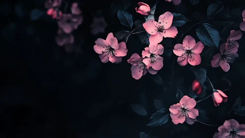 Pink flowers clustered on dark foliage background.