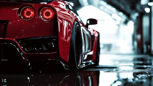 Red supercar rear profile with glossy reflections in garage