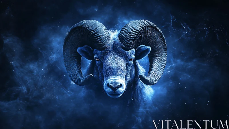 Cosmic ram emerges from starlit nebula in electric blue.
