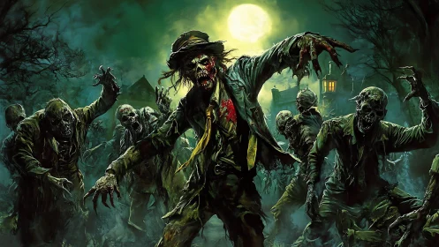 Undead figures advance toward viewer beneath full moon
