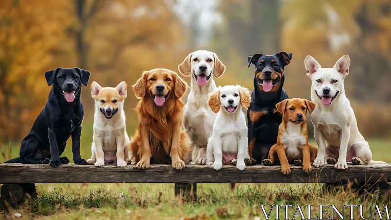 Multibreed dog group portrait on wooden bench in autumn park