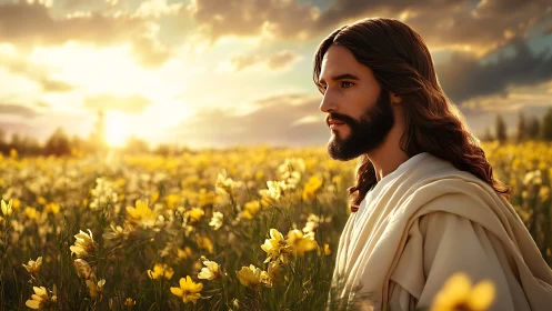 Bearded robed man in yellow flower field at sunset horizon.