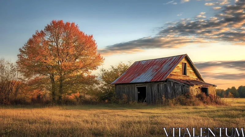 Autumn barn and golden field glowing in gentle evening light.