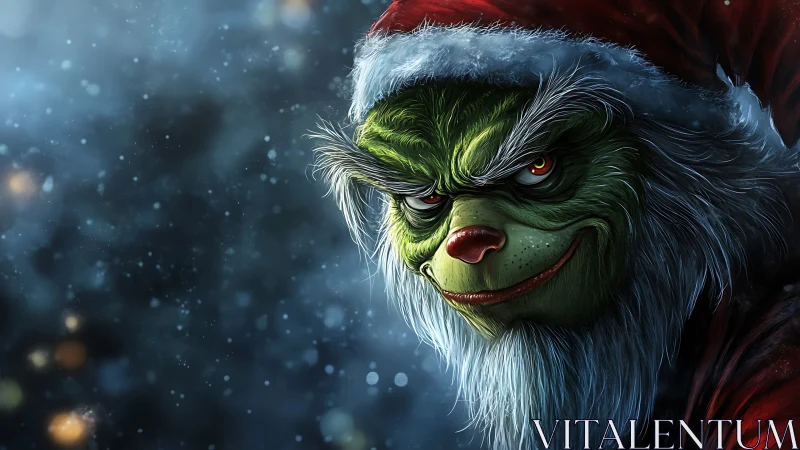 Scheming green Christmas trickster glares through winter haze