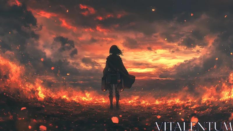 Lone anime warrior confronts a burning horizon at dusk