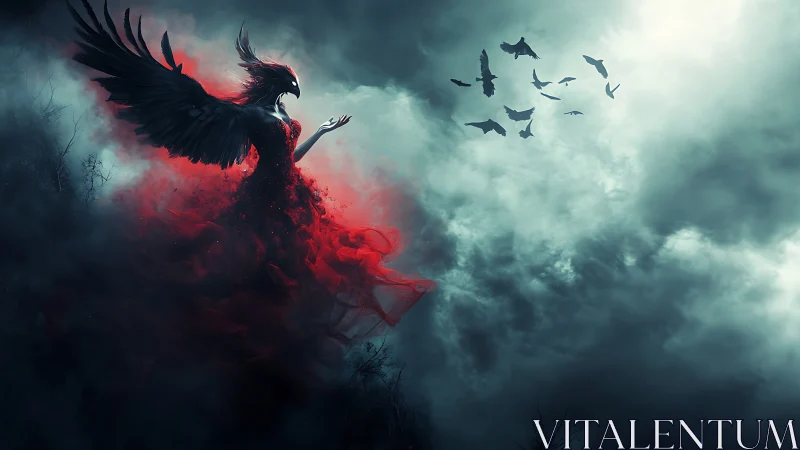 Winged humanoid in red dress amid dark storm clouds.